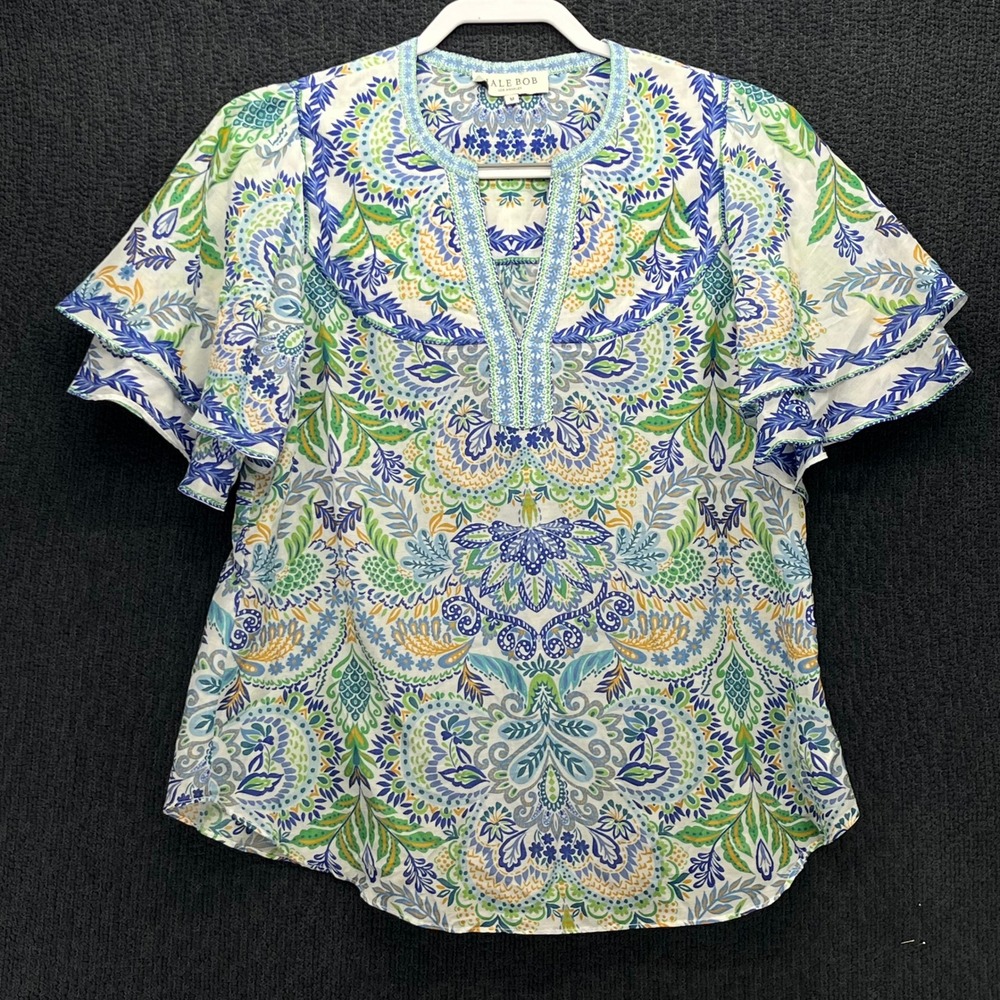 Hale Bob Silk Blend Paisley Ruffle Flutter Sleeve Blouse Blue Green M 53YL262A